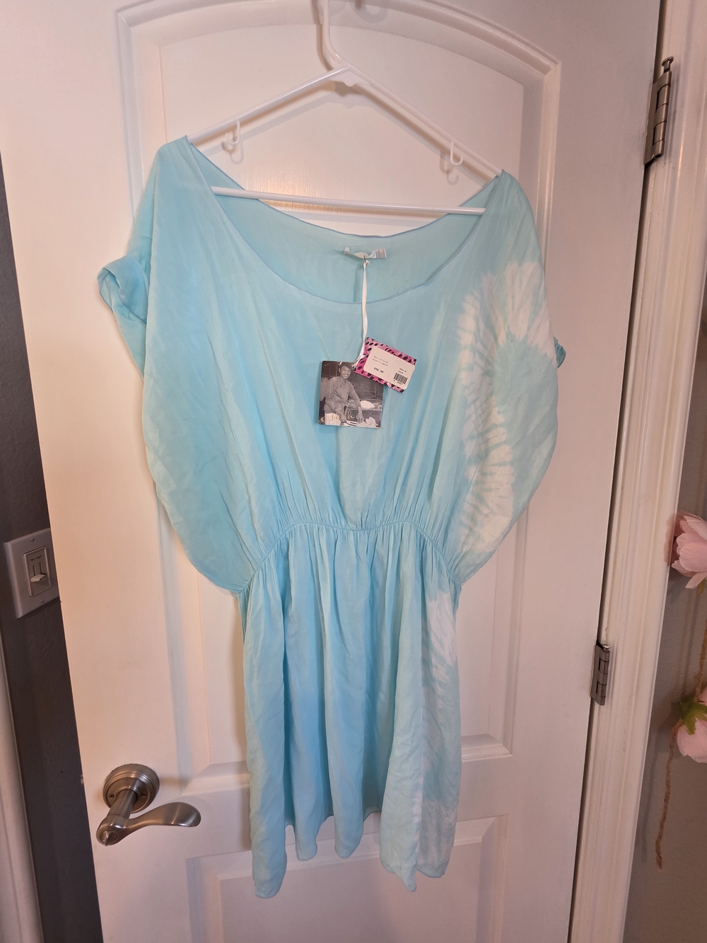 Light Blue Tie-Dye Short Sleeve Beach Dress